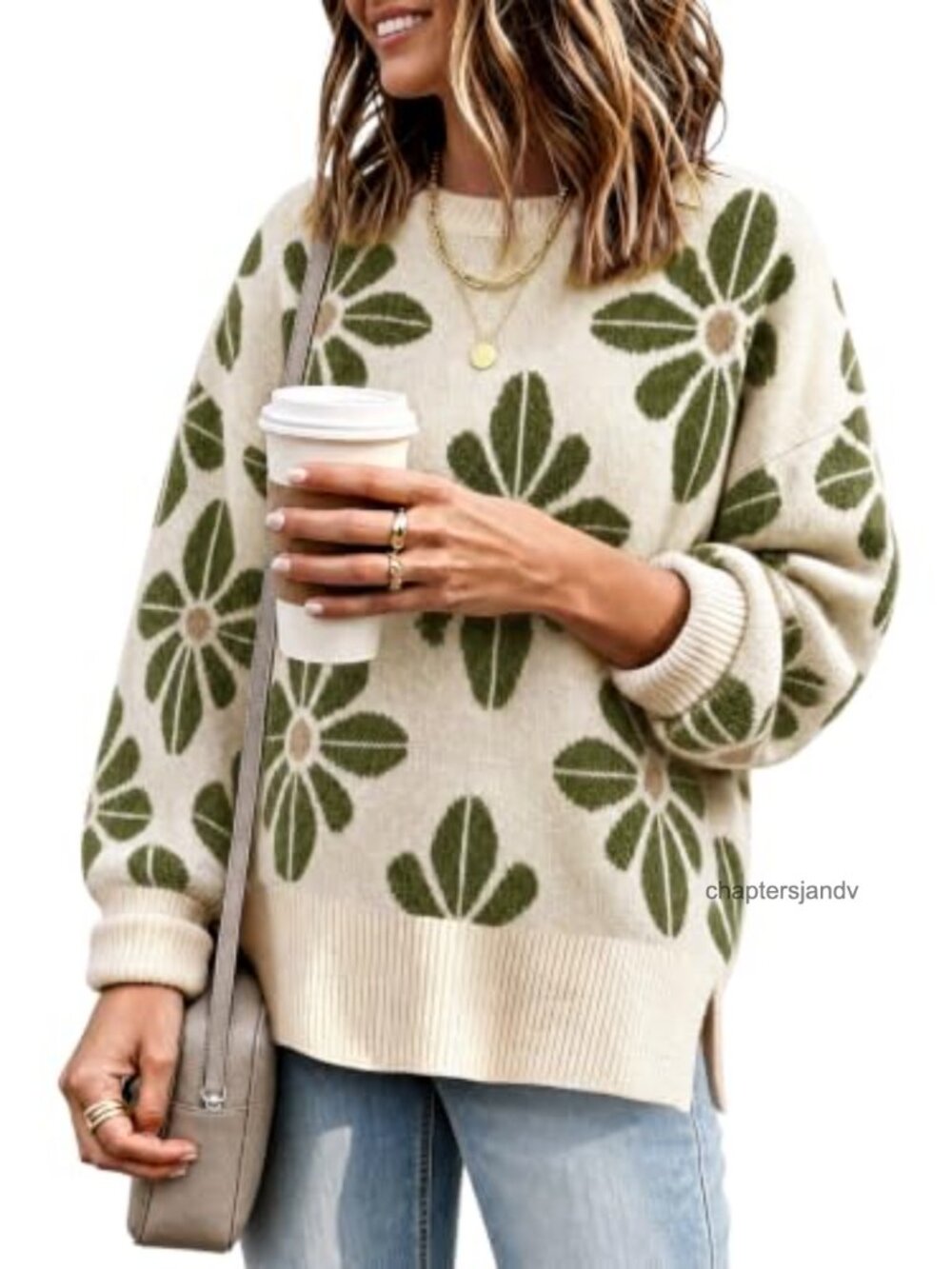 Womens Oversized Floral Chunky Ribbed Knit Sweater Crew Neck Pullover